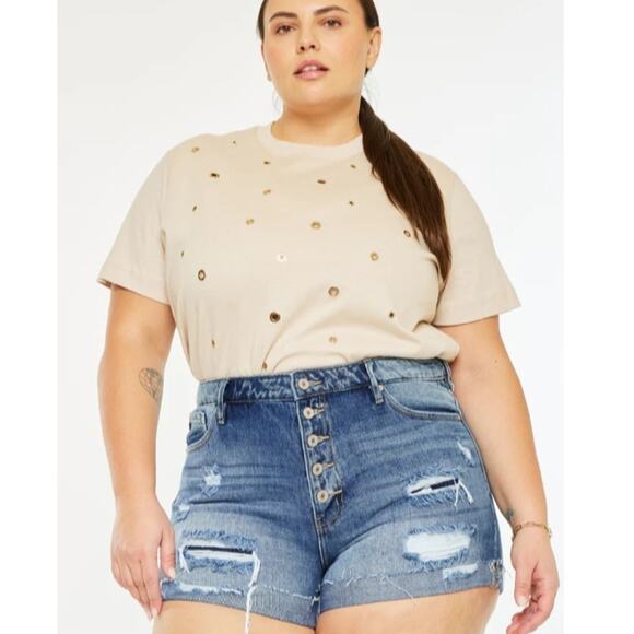 Kancan Lyric Denim Shorts High Rise Distressed Button Fly Cotton Jean Size 2XL - Picture 1 of 15